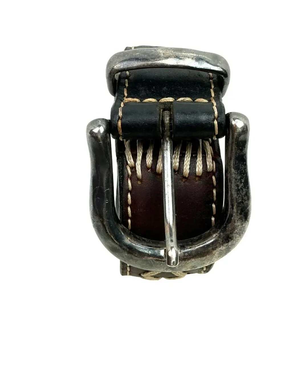 Two-Tone Western Leather Belt Rustic Buckle & Intricate Stitching Vintage Small